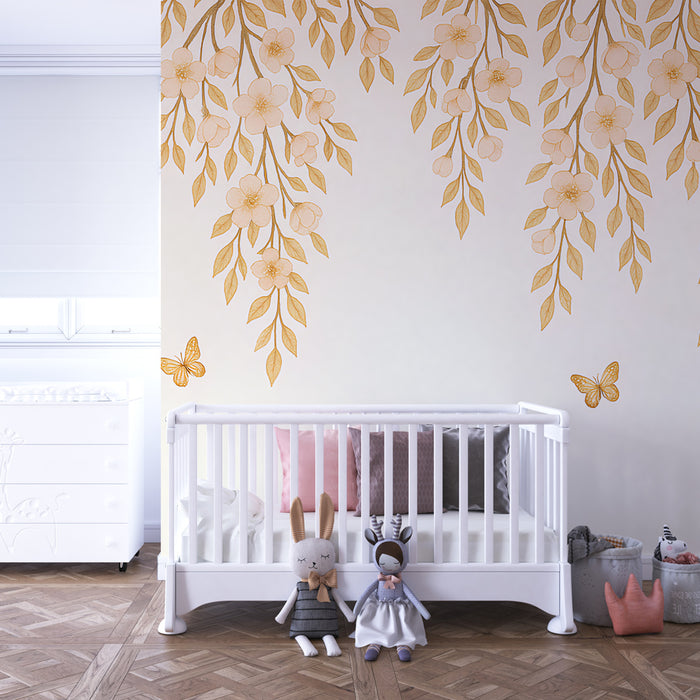 Nursery room wallpaper | Delicate flowers and golden butterflies