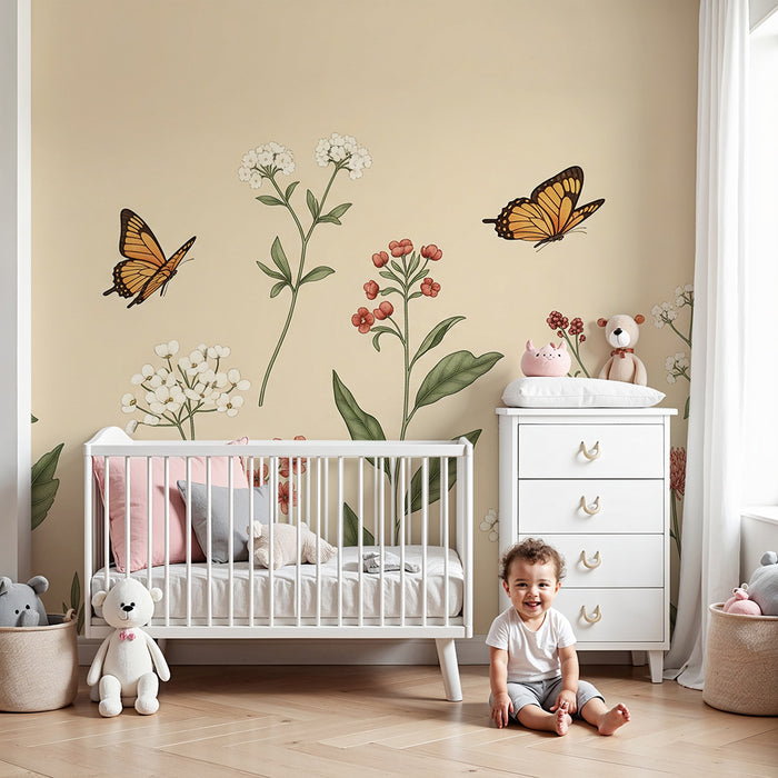 Papel pintado infantil | Flores delicadas y mariposas sobre fondo beige