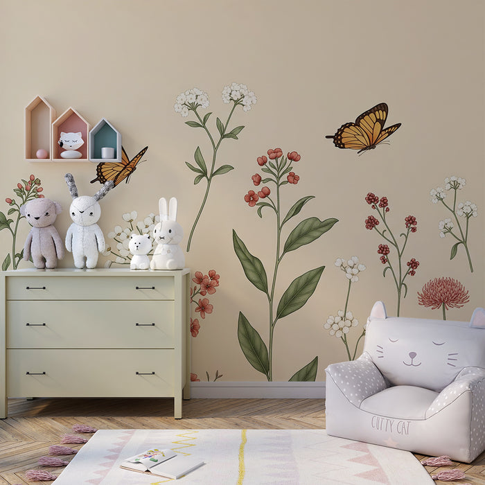 Papel pintado infantil | Flores delicadas y mariposas sobre fondo beige