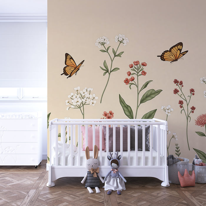 Papel pintado infantil | Flores delicadas y mariposas sobre fondo beige