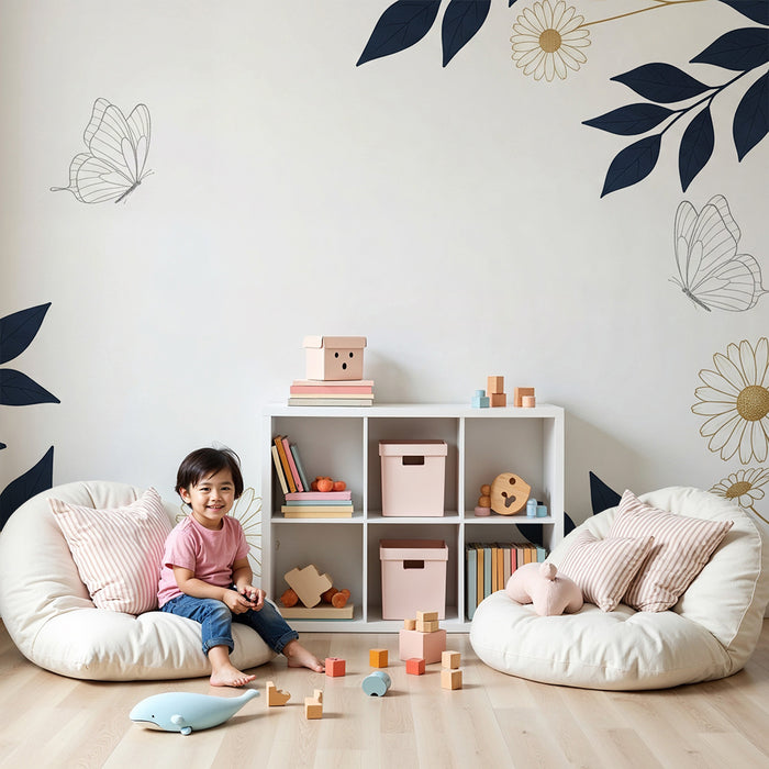 Papier peint chambre bébé | Fleurs délicates et papillons sur fond blanc