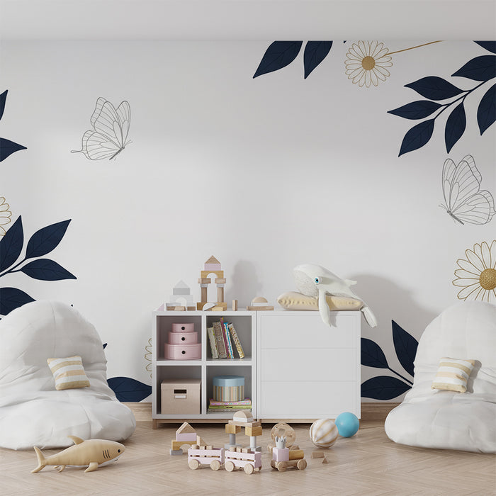 Papier peint chambre bébé | Fleurs délicates et papillons sur fond blanc