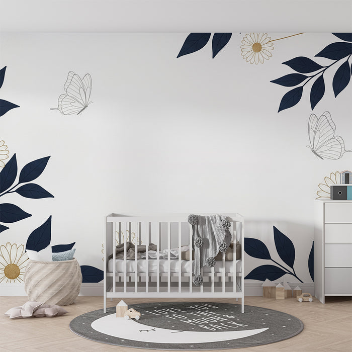 Papier peint chambre bébé | Fleurs délicates et papillons sur fond blanc