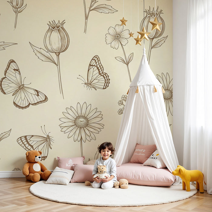 Papel de parede para quarto de bebé | Flores delicadas e borboletas sobre fundo creme