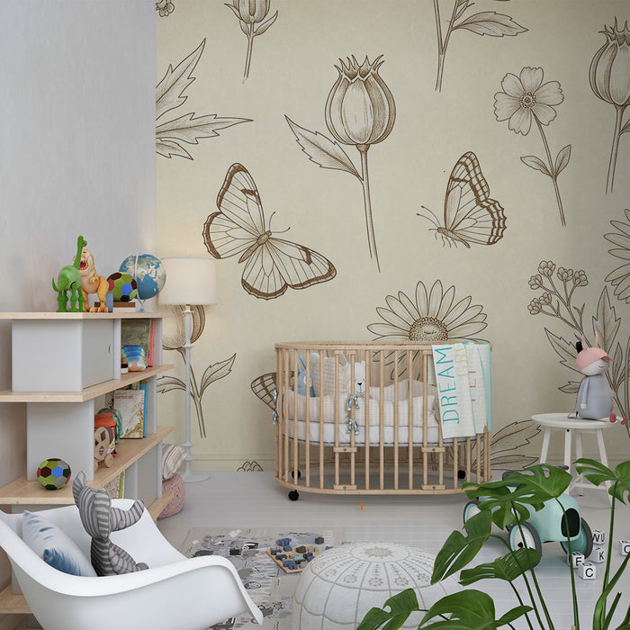 Papel de parede para quarto de bebé | Flores delicadas e borboletas sobre fundo creme