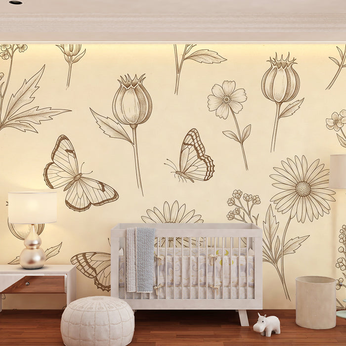 Papel de parede para quarto de bebé | Flores delicadas e borboletas sobre fundo creme
