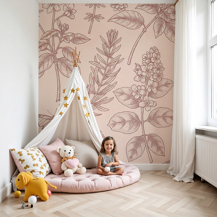 Papel de parede para quarto de bebé | Flores delicadas e borboletas sobre fundo suave