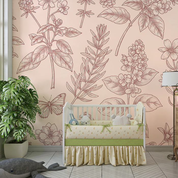 Papel de parede para quarto de bebé | Flores delicadas e borboletas sobre fundo suave