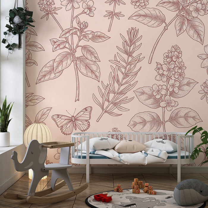 Papel de parede para quarto de bebé | Flores delicadas e borboletas sobre fundo suave