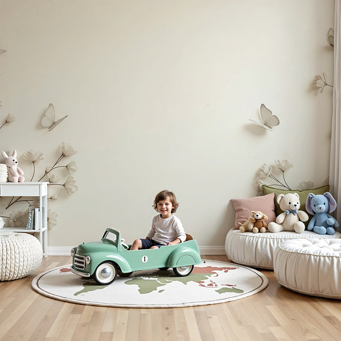 Papel pintado infantil | Flores delicadas y mariposas sobre fondo suave