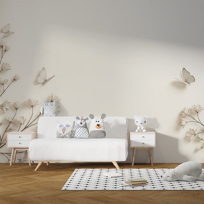 Papel pintado infantil | Flores delicadas y mariposas sobre fondo suave