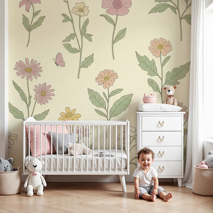 Papel pintado infantil | Flores delicadas y mariposas sobre fondo pastel
