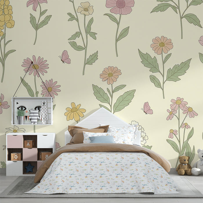 Papel pintado infantil | Flores delicadas y mariposas sobre fondo pastel