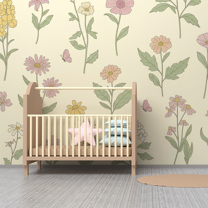 Papel pintado infantil | Flores delicadas y mariposas sobre fondo pastel