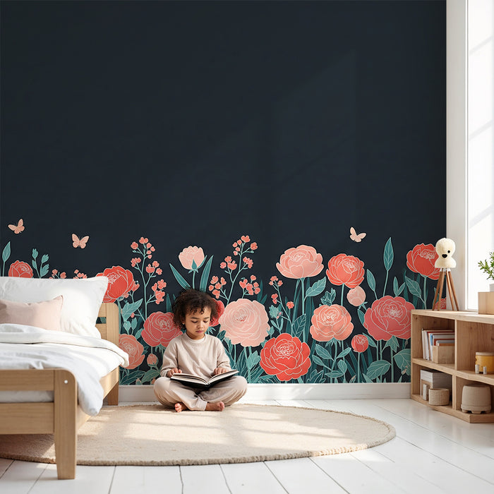Papier peint chambre bébé | Fleurs délicates et papillons sur fond sombre