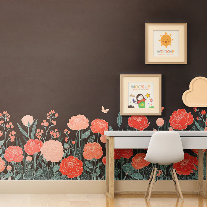 Papier peint chambre bébé | Fleurs délicates et papillons sur fond sombre