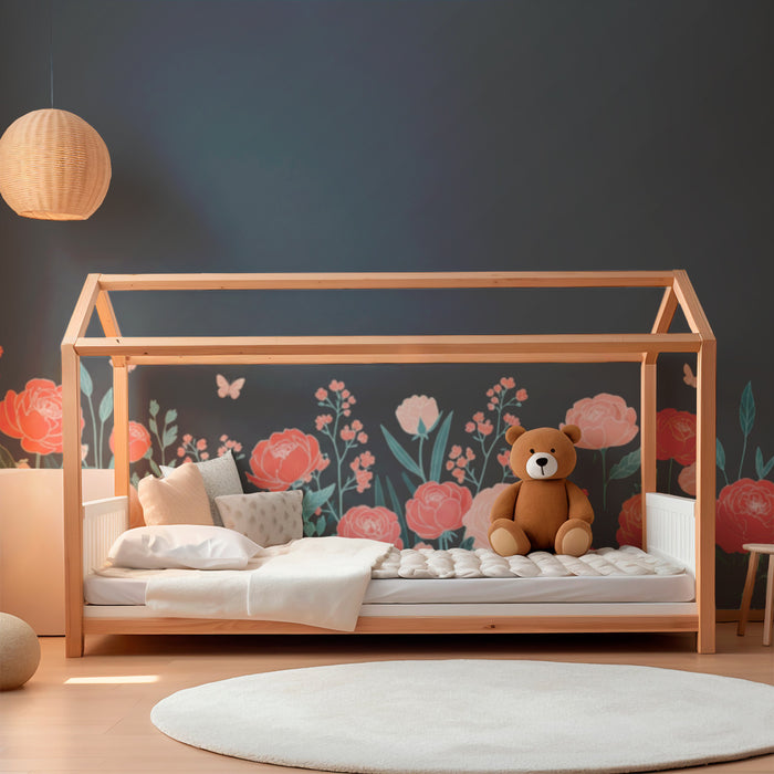 Papier peint chambre bébé | Fleurs délicates et papillons sur fond sombre