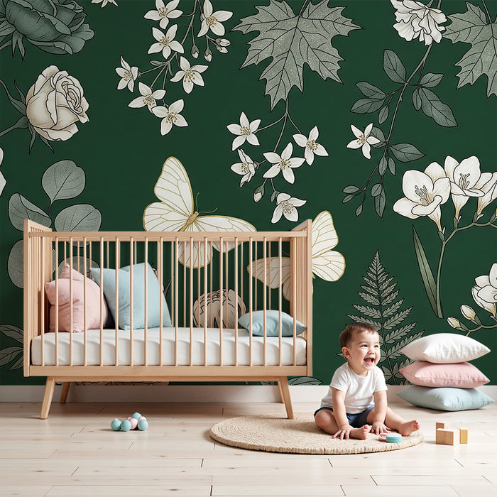 Nursery room wallpaper | Delicate flowers and butterflies on a deep green background