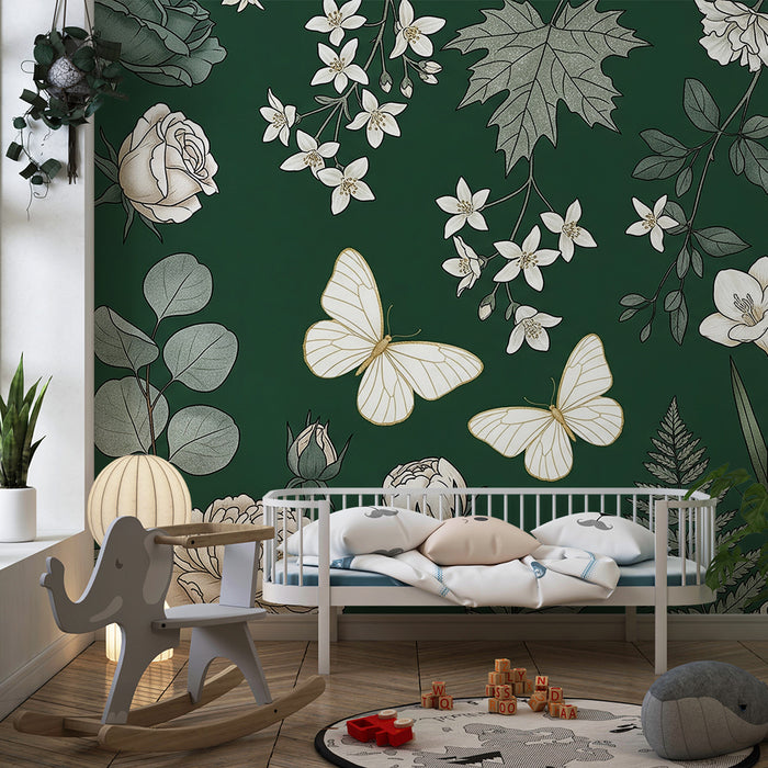 Nursery room wallpaper | Delicate flowers and butterflies on a deep green background