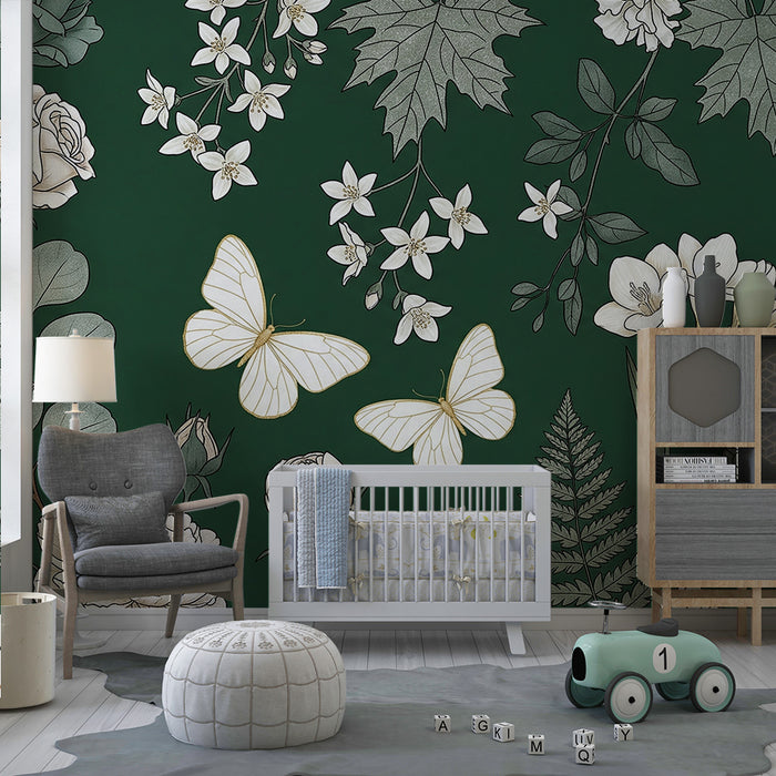 Nursery room wallpaper | Delicate flowers and butterflies on a deep green background
