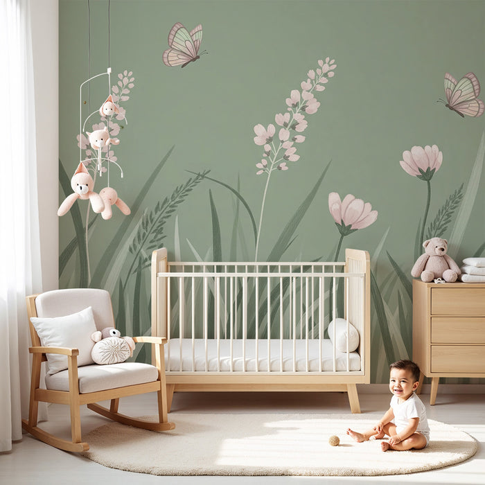 Papier peint chambre bébé | Fleurs délicates et papillons