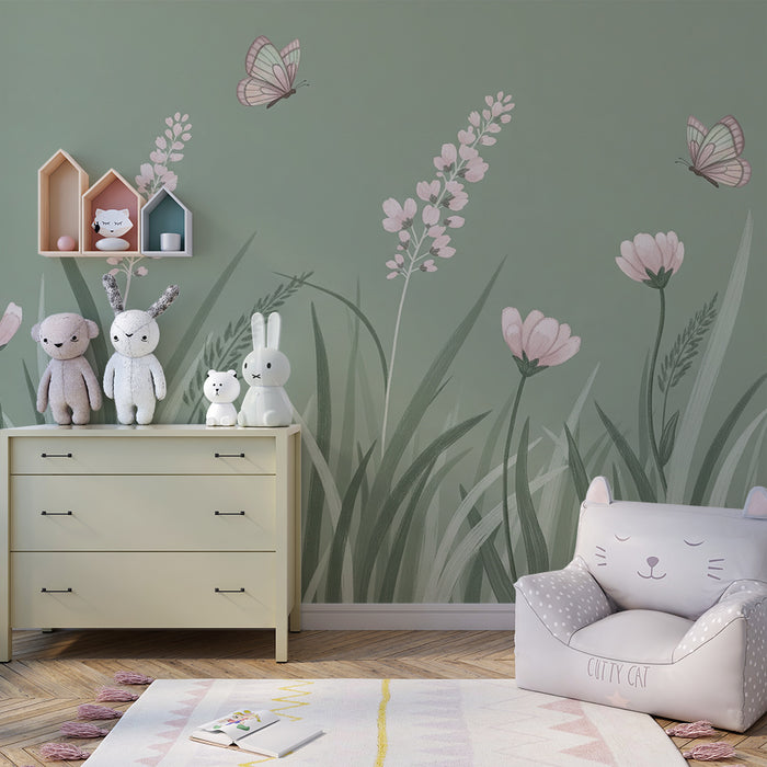 Papier peint chambre bébé | Fleurs délicates et papillons