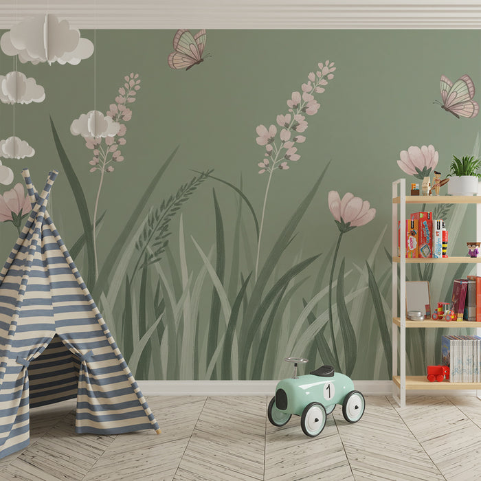 Papier peint chambre bébé | Fleurs délicates et papillons