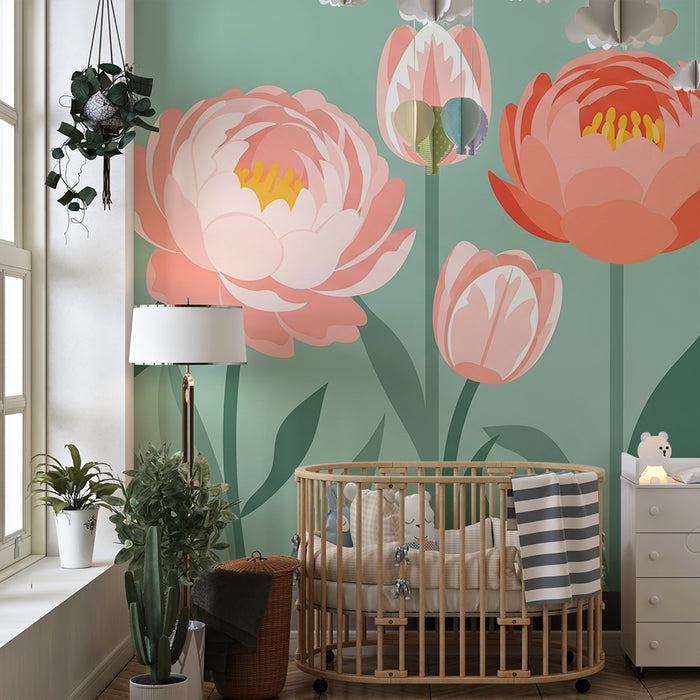 Carta da parati bambini | Fiori delicati e pastello su sfondo verde
