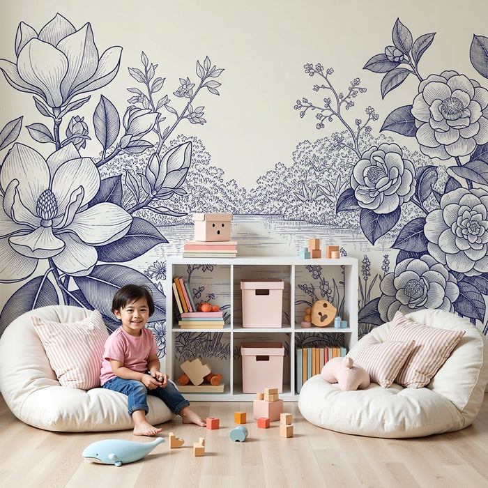 **Tapete fürs Babyzimmer | Zarte Blumen und friedliche Wasserlandschaft**