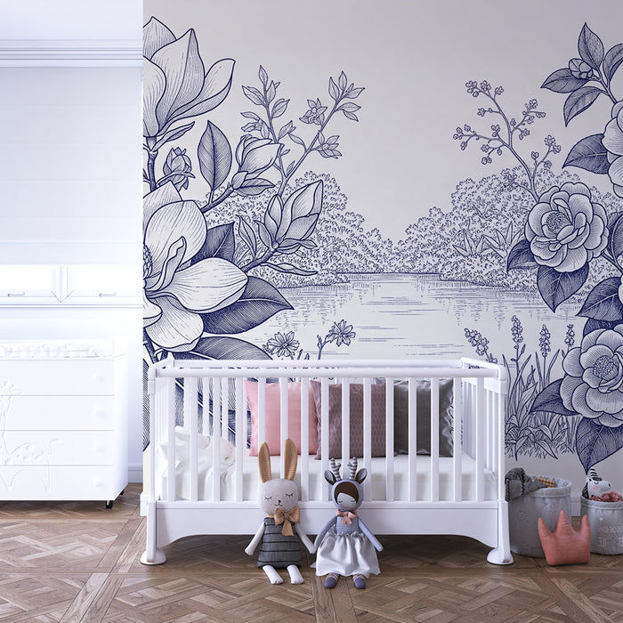 **Tapete fürs Babyzimmer | Zarte Blumen und friedliche Wasserlandschaft**