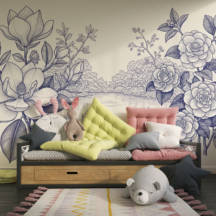 **Tapete fürs Babyzimmer | Zarte Blumen und friedliche Wasserlandschaft**