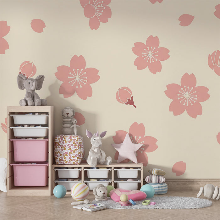 Lastenhuoneen tapetti | Herkät kukat ja vaaleanpunaiset terälehdet kermaisella taustalla
