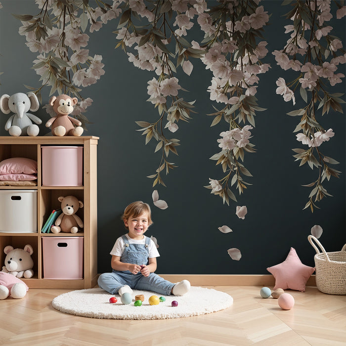 Tapety dla dzieci | Delikatne kwiaty i opadłe płatki na ciemnym tle