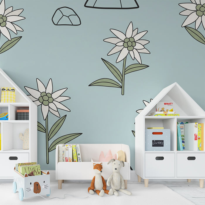Barnetapet | Blomster og steiner på blå bakgrunn