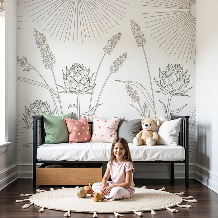 Barntapet | Delikata blommor och solstrålar i linjer