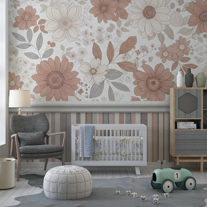 Papier peint chambre bébé | Fleurs délicates et rayures douces en tons pastel