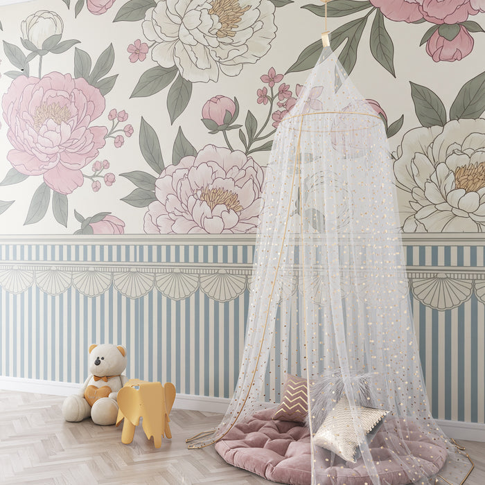 Papier peint chambre bébé | Fleurs délicates et rayures douces pour une ambiance apaisante