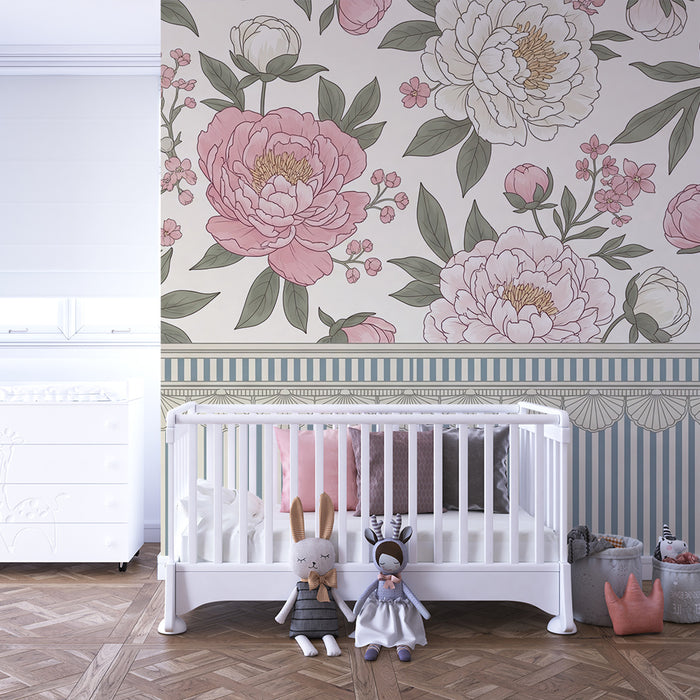 Papier peint chambre bébé | Fleurs délicates et rayures douces pour une ambiance apaisante