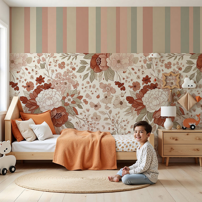 Babykamerbehang | Zachte sfeer met delicate bloemen en pastel strepen