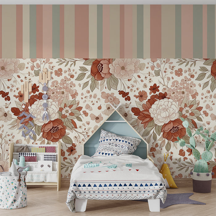 Babykamerbehang | Zachte sfeer met delicate bloemen en pastel strepen