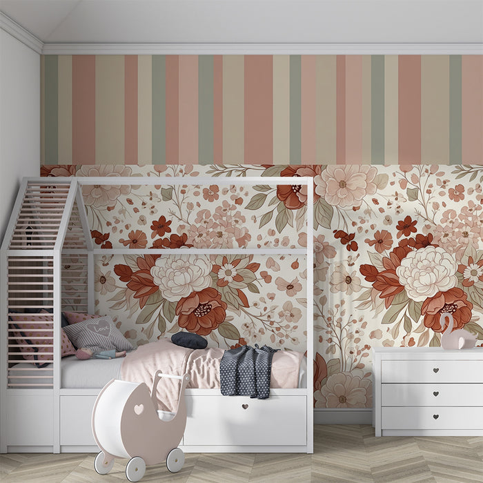 Babykamerbehang | Zachte sfeer met delicate bloemen en pastel strepen