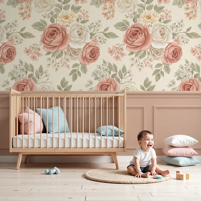 Papier peint chambre bébé | Fleurs délicates et roses pastel sur fond doux