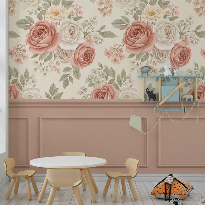 Papier peint chambre bébé | Fleurs délicates et roses pastel sur fond doux