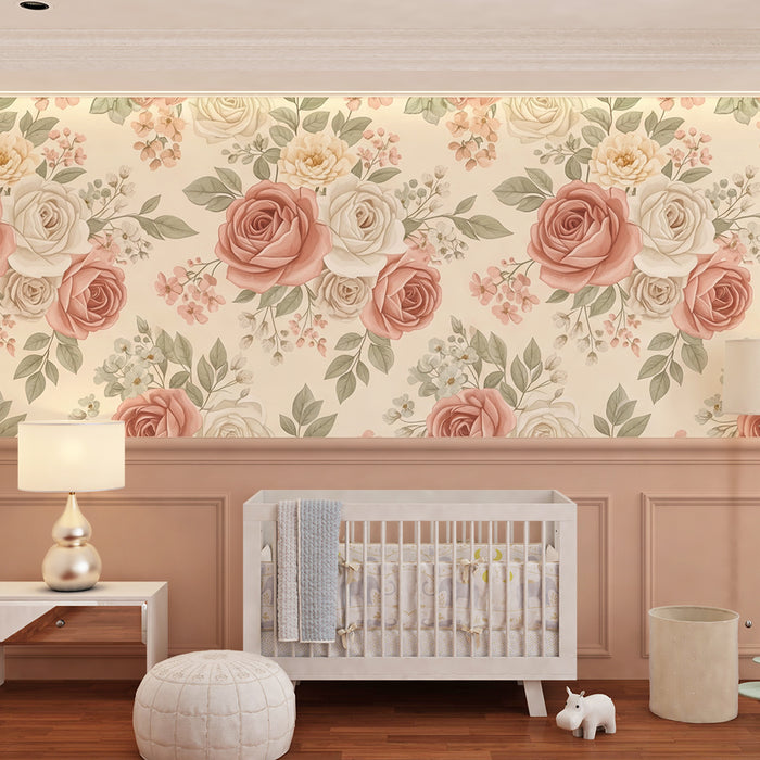 Papier peint chambre bébé | Fleurs délicates et roses pastel sur fond doux