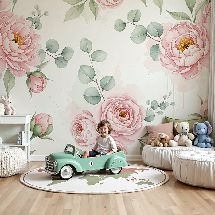 Papel pintado para habitación infantil | Flores delicadas y rosas pasteles sobre fondo suave