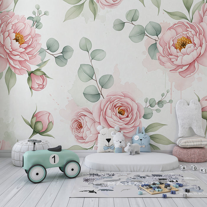 Papel pintado para habitación infantil | Flores delicadas y rosas pasteles sobre fondo suave