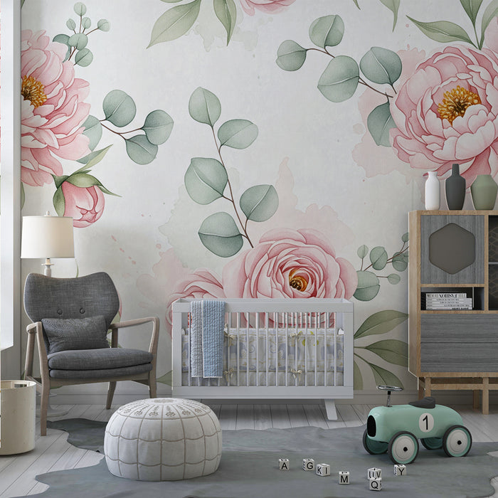 Papel pintado para habitación infantil | Flores delicadas y rosas pasteles sobre fondo suave