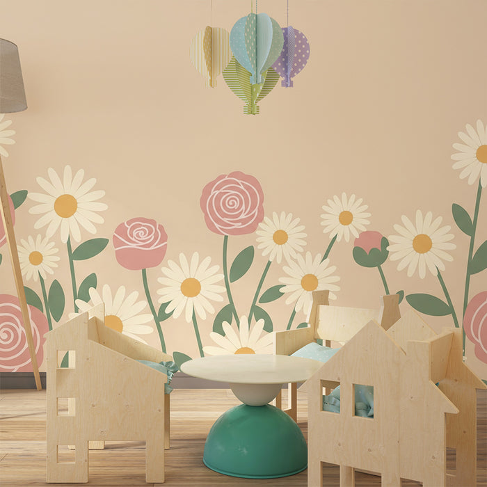 Papel de parede quarto bebê | Flores delicadas e rosas em fundo bege