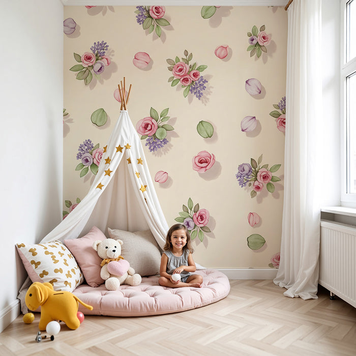 Barntapet | Delikata blommor och rosor på krämig bakgrund