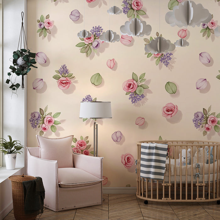 Barntapet | Delikata blommor och rosor på krämig bakgrund